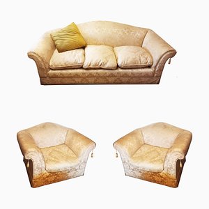 Vintage Sofa and Armchairs with Down and Damask Fabric, 1970s, Set of 3-ODB-1732286