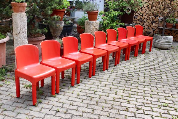 Vintage Space Age Italian Red Plastic Dining Chairs by Marcello Siard, 1960s, Set of 8-NB-724299