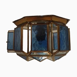 Vintage Spanish Octagonal Brass and Blue Crystal Ceiling Lamp-TCS-1397548