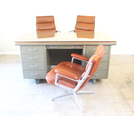 Vintage Steel and Leather Industrial Desk, 1940s-CJH-1437681