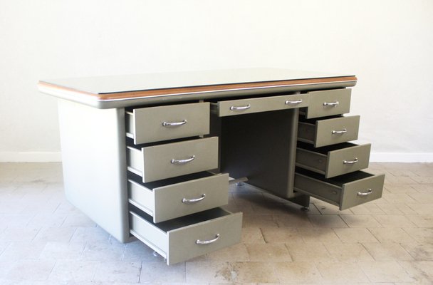 Vintage Steel and Leather Industrial Desk, 1940s-CJH-1437681