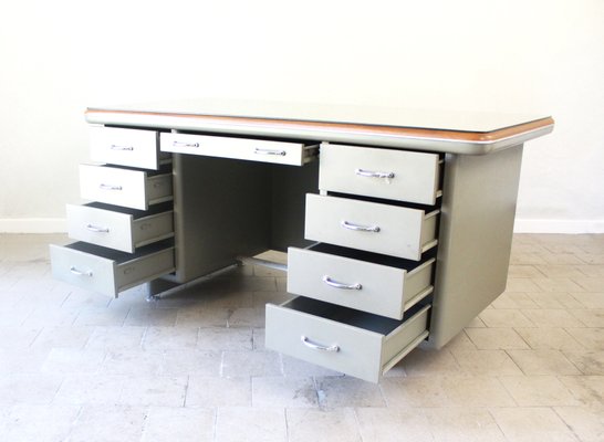 Vintage Steel and Leather Industrial Desk, 1940s-CJH-1437681