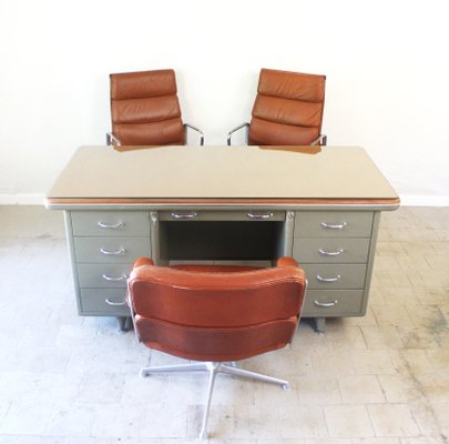 Vintage Steel and Leather Industrial Desk, 1940s-CJH-1437681