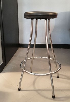 Vintage Stool with Tubular Steel Structure & Black Leather Seat-GGK-753977