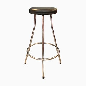 Vintage Stool with Tubular Steel Structure & Black Leather Seat-GGK-753977