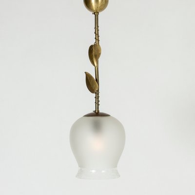 Vintage Swedish Brass and Opaline Glass Ceiling Lamp-NL-726478