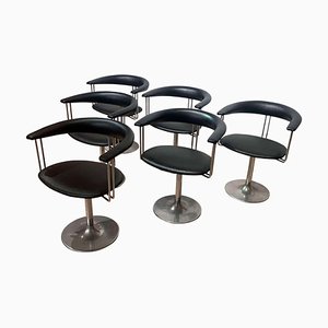 Vintage Swivel Armchairs in Metal & Black Leather, Netherlands, 1970s, Set of 6-NNB-883900