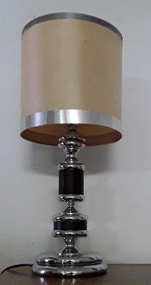 Vintage Table Lamp in Chrome & Black Oak Veneer with Fabric Shade, 1970s-HOI-1015706