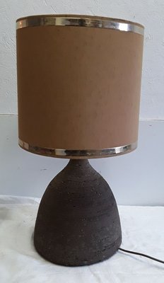 Vintage Table Lamp in Dark Brown Unglazed Ceramic with Silver & Brown Fabric Shade, 1970s-HOI-932108