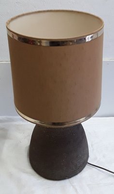 Vintage Table Lamp in Dark Brown Unglazed Ceramic with Silver & Brown Fabric Shade, 1970s-HOI-932108