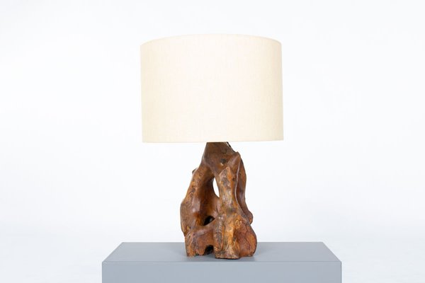 Vintage Table Lamp in Olive Tree and Linen Lampshade, 1950-US-2022547