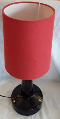 Vintage Table Lamp with Handmade Dark Blue Ceramic Base and Red Fabric Shade by J. Holstein, Denmark, 1970s-HOI-956226