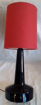 Vintage Table Lamp with Handmade Dark Blue Ceramic Base and Red Fabric Shade by J. Holstein, Denmark, 1970s-HOI-956226