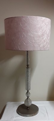 Vintage Table Lamp with Metal Foot with Glass Ceremony and Pink Fabric, 1970s-HOI-1744375