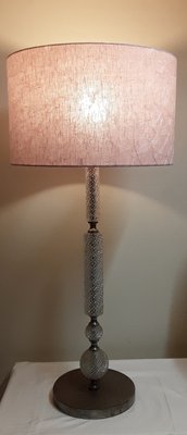 Vintage Table Lamp with Metal Foot with Glass Ceremony and Pink Fabric, 1970s-HOI-1744375