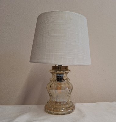 Vintage Table Lamp with Slightly Lustrous, Internally Lit Glass Shade and Cream-White Fabric Shade, 1980s-HOI-2035600