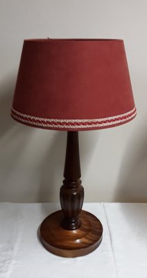 Vintage Table Lamp with Turned Mahogany Foot and Red Fabric Umbrella, 1970s-HOI-1730060