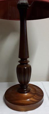 Vintage Table Lamp with Turned Mahogany Foot and Red Fabric Umbrella, 1970s-HOI-1730060