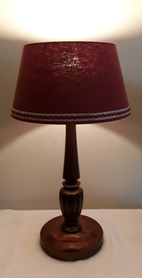 Vintage Table Lamp with Turned Mahogany Foot and Red Fabric Umbrella, 1970s-HOI-1730060