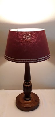 Vintage Table Lamp with Turned Mahogany Foot and Red Fabric Umbrella, 1970s-HOI-1730060