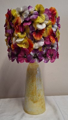 Vintage Table Lamp with Yellow Patterned Ceramic Base and Handmade Pansy Lampshade from Lamplove, 1970s-HOI-2016504