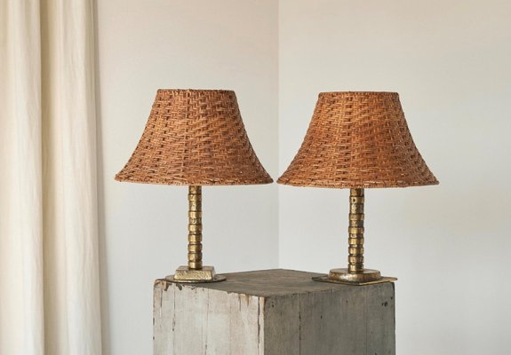 Vintage Table Lamps in Sand Cast Brass with Rattan Shades, 1960s, Set of 2-FEW-2024250