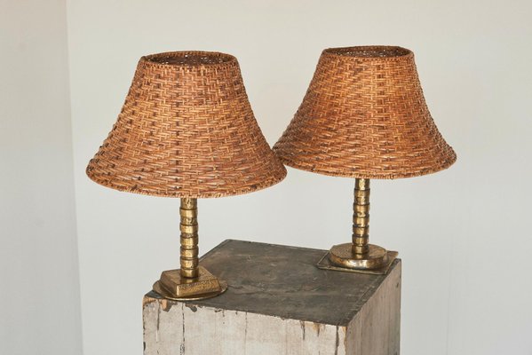 Vintage Table Lamps in Sand Cast Brass with Rattan Shades, 1960s, Set of 2-FEW-2024250