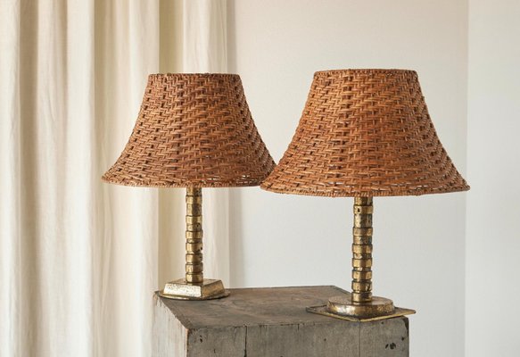 Vintage Table Lamps in Sand Cast Brass with Rattan Shades, 1960s, Set of 2-FEW-2024250