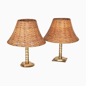 Vintage Table Lamps in Sand Cast Brass with Rattan Shades, 1960s, Set of 2-FEW-2024250