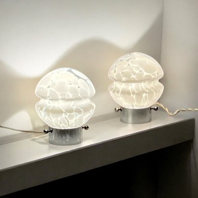 Vintage Table Lamps in White Glass with Metal Stand, 1970s, Set of 2-YSC-2038066