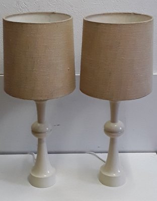 Vintage Table Lamps with Creamy White, Profiled Pillar Foot & Gem Fabric Shade, 1970s, Set of 2-HOI-1151167