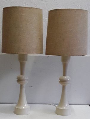 Vintage Table Lamps with Creamy White, Profiled Pillar Foot & Gem Fabric Shade, 1970s, Set of 2-HOI-1151167