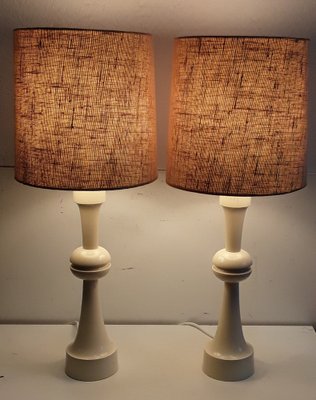 Vintage Table Lamps with Creamy White, Profiled Pillar Foot & Gem Fabric Shade, 1970s, Set of 2-HOI-1151167