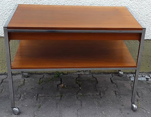 Vintage Table on Wheels with Chromed Steel Tube Frame, Teak Veneer Shelves and Drawers, 1970s-HOI-953881