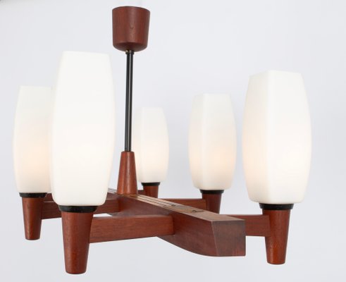 Vintage Teak and Opal Glass Chandelier from Kaiser, 1960s-UGR-1743379