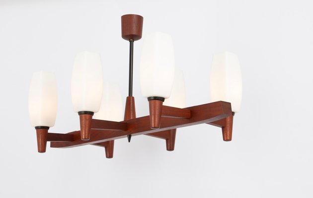 Vintage Teak and Opal Glass Chandelier from Kaiser, 1960s-UGR-1743379