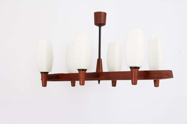 Vintage Teak and Opal Glass Chandelier from Kaiser, 1960s-UGR-1743379