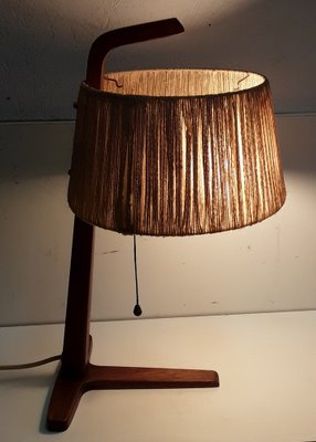 Vintage Teak & Brass Table Lamp with Bast Wrapped Cardboard Lampshade, 1960s-HOI-1151170