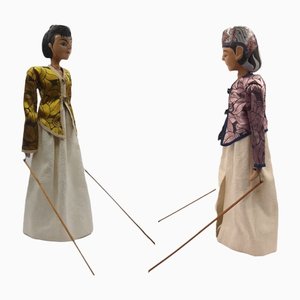 Vintage Thai Dolls in Wood with Silk Dresses, Set of 2-TCS-1144102