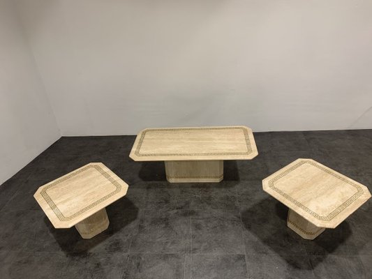 Vintage Travertine Coffee Table and Side Tables, 1980s, Set of 3-IRH-767679