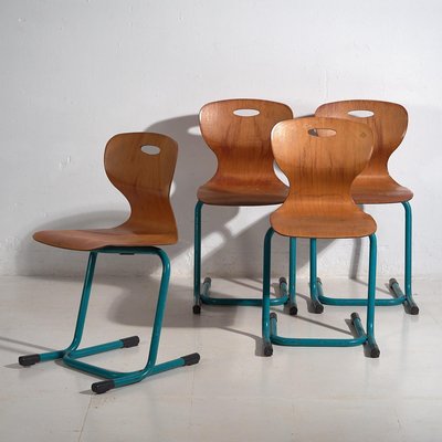 Vintage Turquoise Blue School Chairs, 1950, Set of 4-ZNJ-2035309