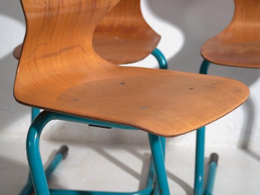 Vintage Turquoise Blue School Chairs, 1950, Set of 4-ZNJ-2035309