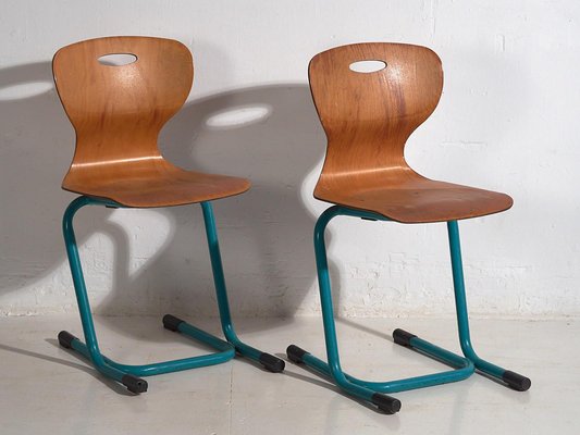 Vintage Turquoise Blue School Chairs, 1950, Set of 4-ZNJ-2035309