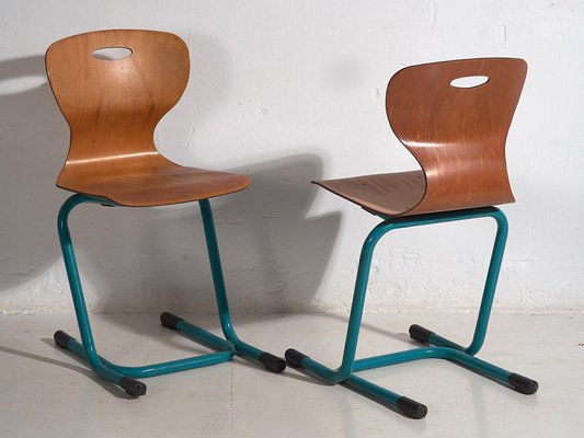 Vintage Turquoise Blue School Chairs, 1950, Set of 4-ZNJ-2035309