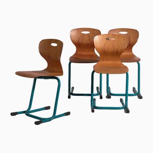 Vintage Turquoise Blue School Chairs, 1950, Set of 4-ZNJ-2035309