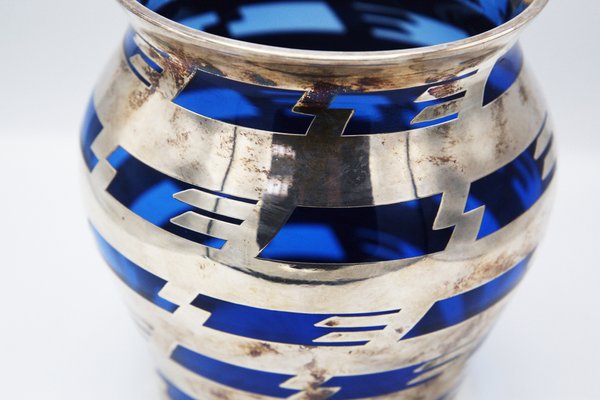 Vintage Vase in Blue Glass and Silver Metal-RCE-1259090