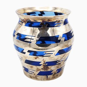 Vintage Vase in Blue Glass and Silver Metal-RCE-1259090