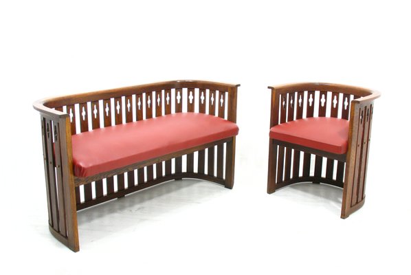 Vintage Viennese Oak Sofa and Armchair, Set of 2-WVA-743694