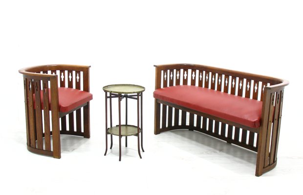 Vintage Viennese Oak Sofa and Armchair, Set of 2-WVA-743694