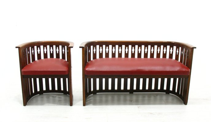 Vintage Viennese Oak Sofa and Armchair, Set of 2-WVA-743694